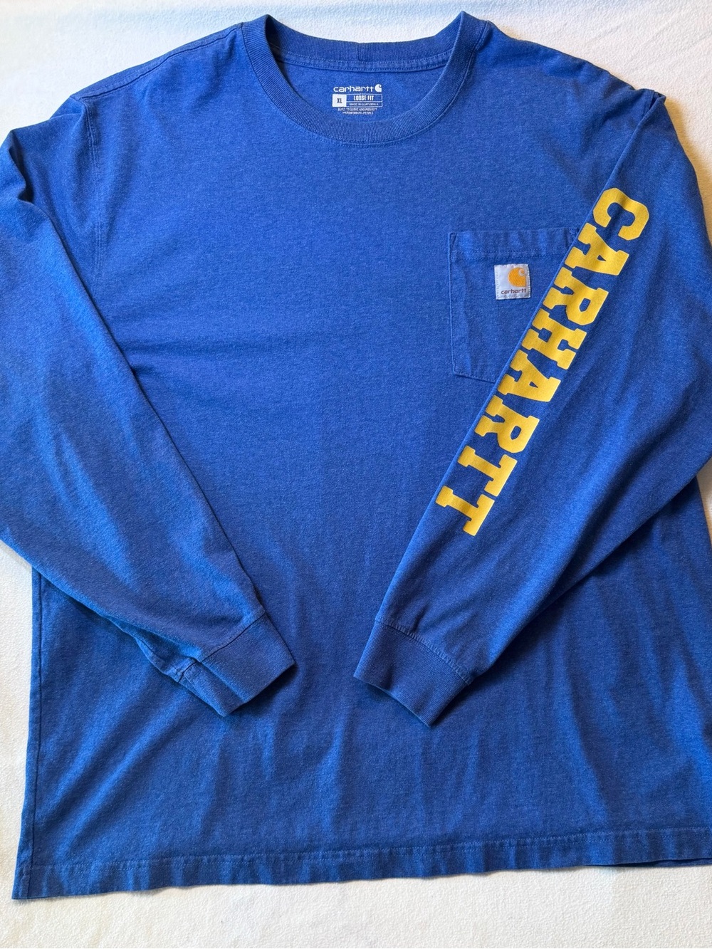 Carhartt Mens XL Loose Fit Long Sleeve Pocket T Shirt Blue Yellow Logo Workwear